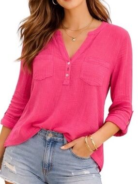 Mote Beachy Pink Cotton Gauze Henley Pop Over Blouse
